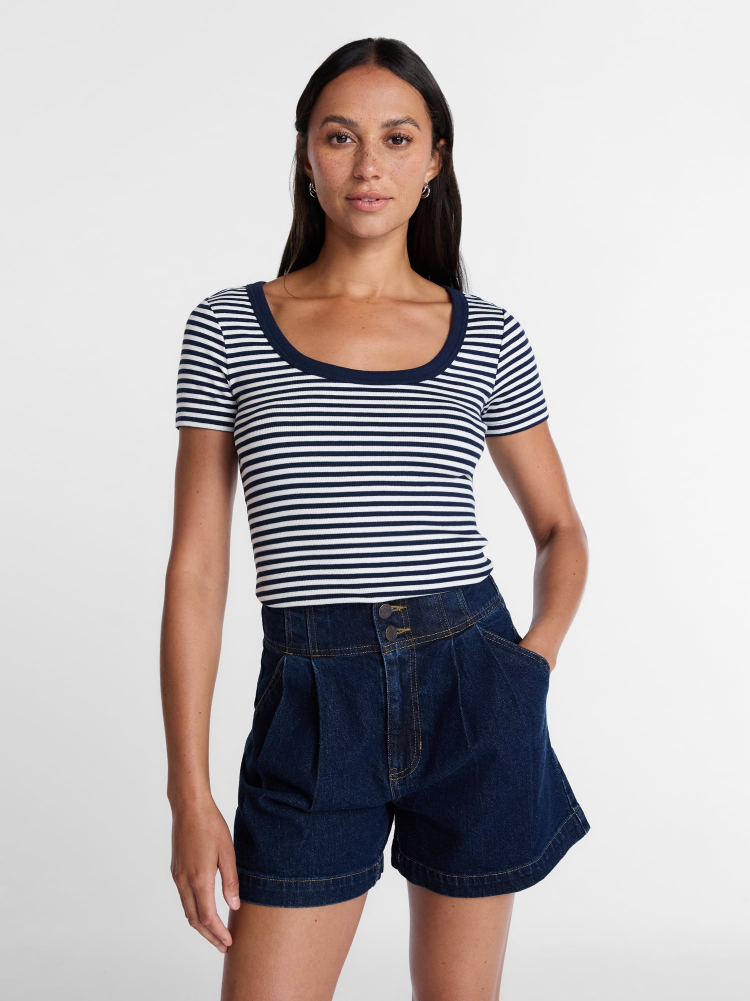 Time and Tru Women's Ribbed Scoop Neck Tee with Short Sleeves, Sizes XS-XXXL