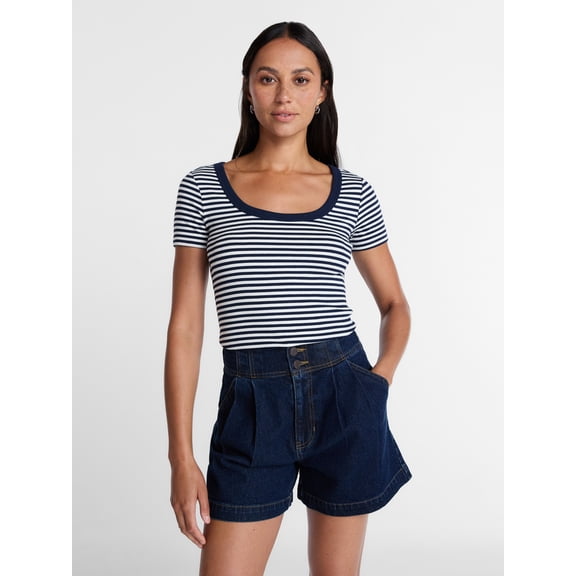 Time and Tru Women's Ribbed Scoop Neck Tee with Short Sleeves, Sizes XS-XXXL