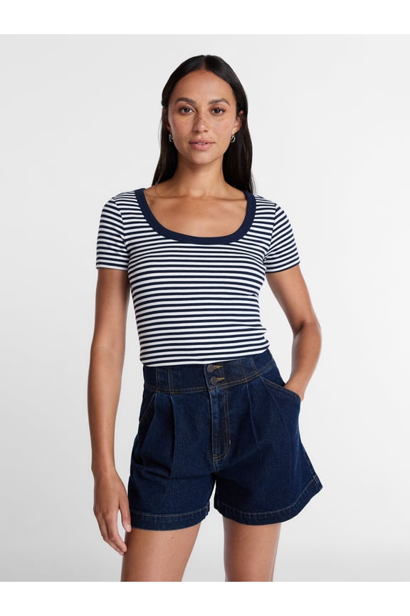 Women's Ribbed Scoop Neck Tee with Short Sleeves, Sizes XS-XXXL