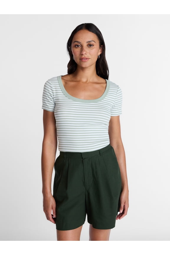 Women's Ribbed Scoop Neck Tee with Short Sleeves, Sizes XS-XXXL