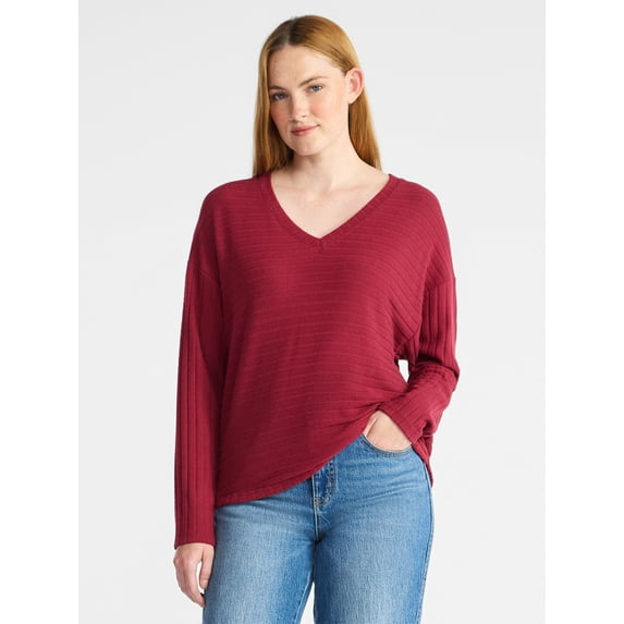 Time and Tru Women's Ribbed Hacci Knit V Neck Top with Long Sleeves, Sizes XS-XXXL