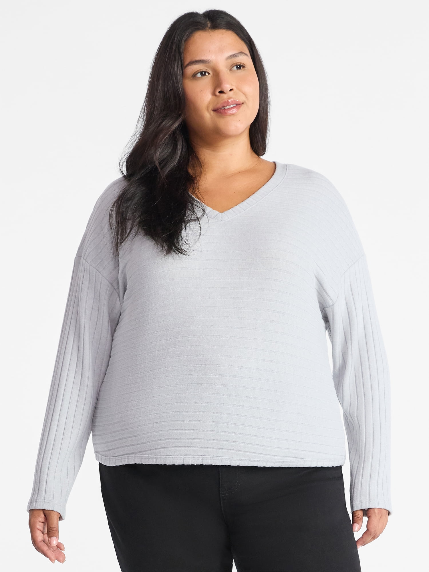 Time and Tru Women's Ribbed Hacci Knit V Neck Top with Long Sleeves, Sizes XS-XXXL