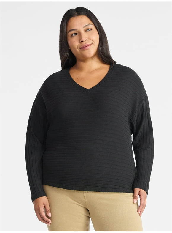 Women's Ribbed Hacci Knit V Neck Top with Long Sleeves, Sizes XS-XXXL