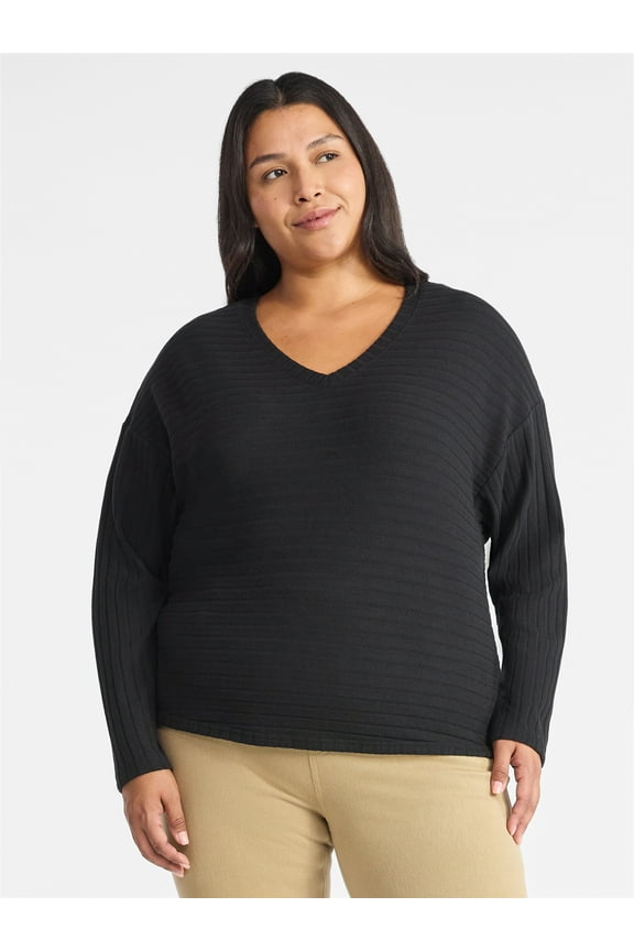 Women's Ribbed Hacci Knit V Neck Top with Long Sleeves, Sizes XS-XXXL