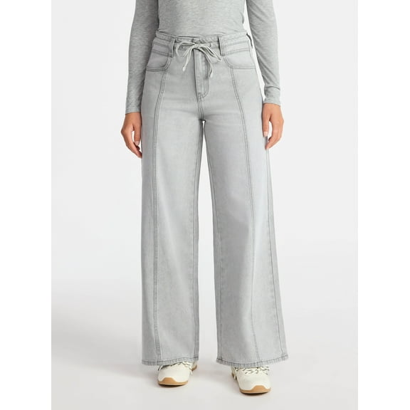 Time and Tru Women's and Women's Plus Relaxed Tie Waist Wide Leg Jeans, 31" Inseam, Sizes 0-20