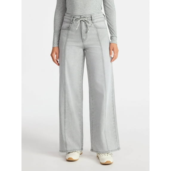 Time and Tru Women's and Women's Plus Relaxed Tie Waist Wide Leg Jeans, 31" Inseam, Sizes 0-20