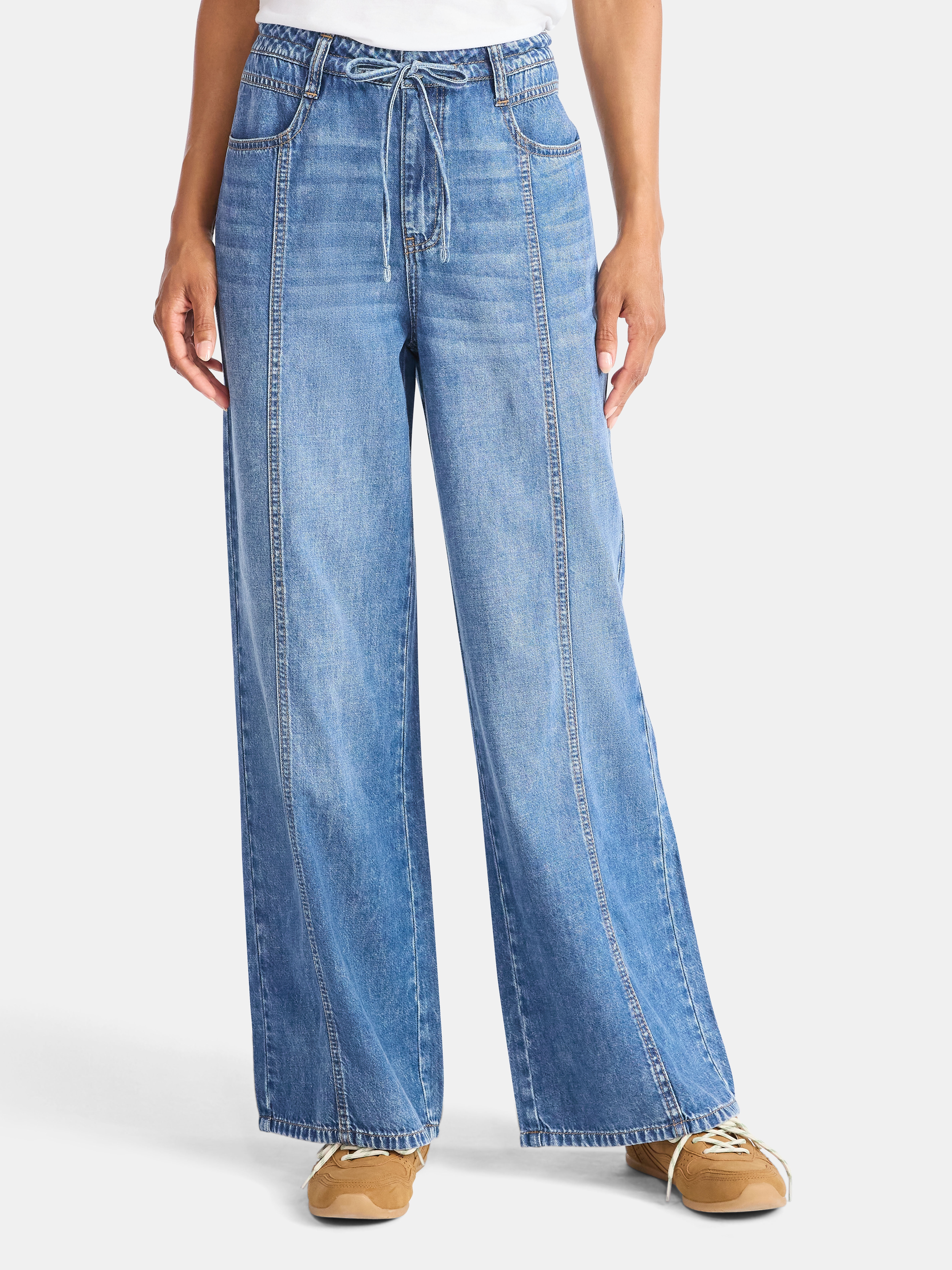 Time and Tru Women's and Women's Plus Relaxed Tie Waist Wide Leg Jeans, 31" Inseam, Sizes 0-20