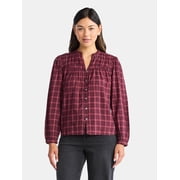 Time and Tru Women's Ruched Yoke Blouse with Long Sleeves, Sizes XS-XXXL
