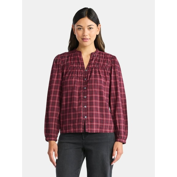 Time and Tru Women's Ruched Yoke Blouse with Long Sleeves, Sizes XS-XXXL