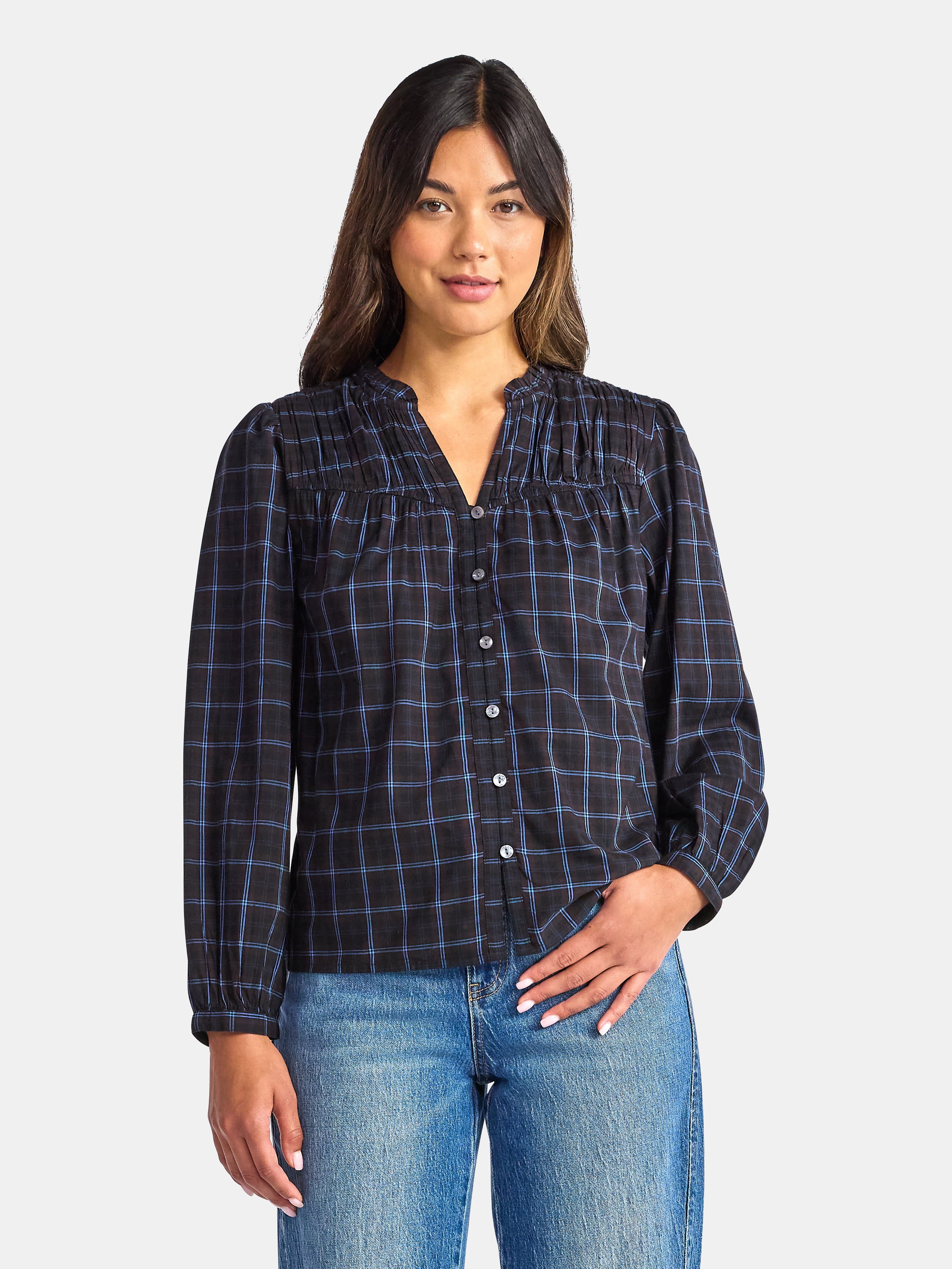 Time and Tru Women's Ruched Yoke Blouse with Long Sleeves, Sizes XS-XXXL