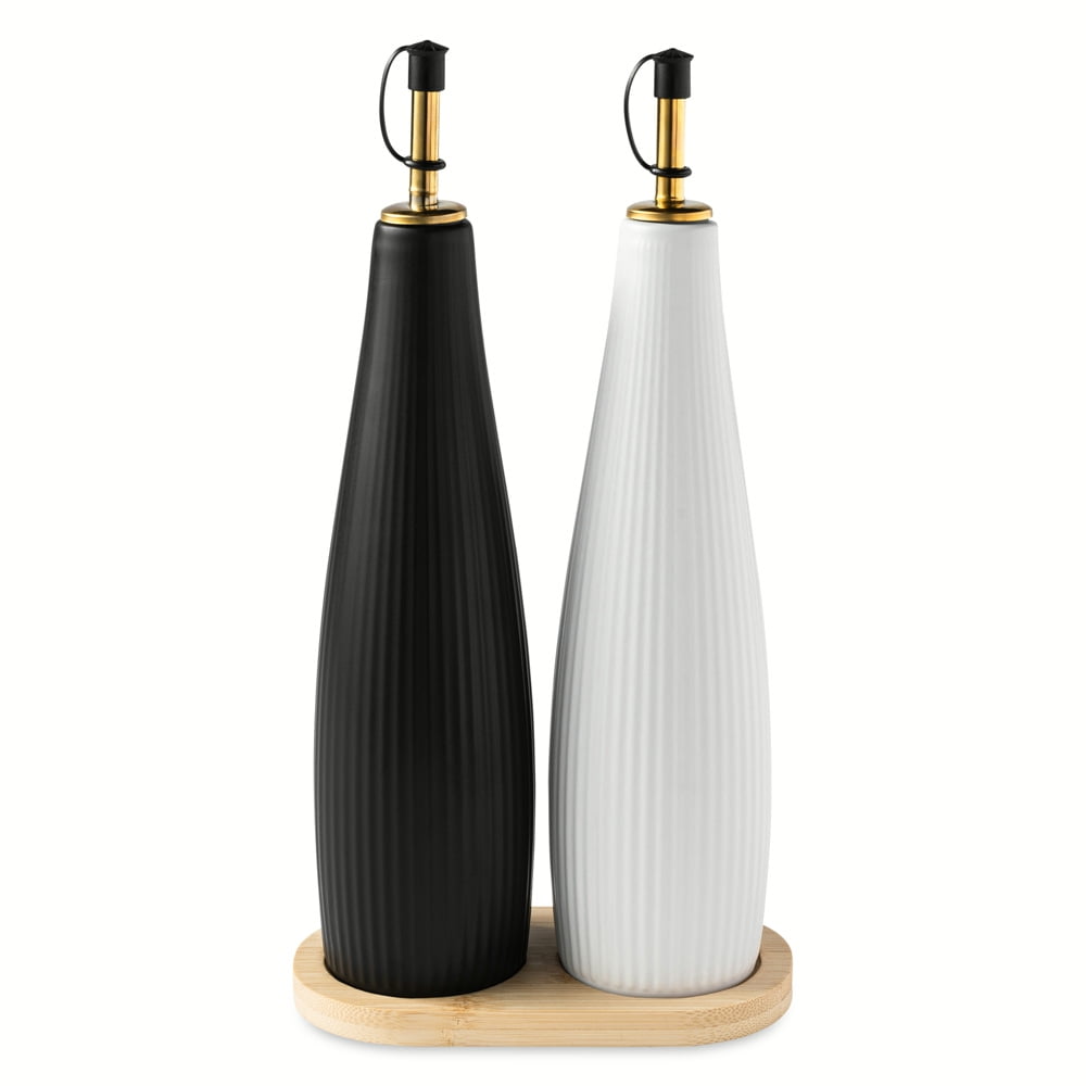 Thyme & Table Ceramic Oil and Vinegar Cruet Set with Bamboo Base, Black