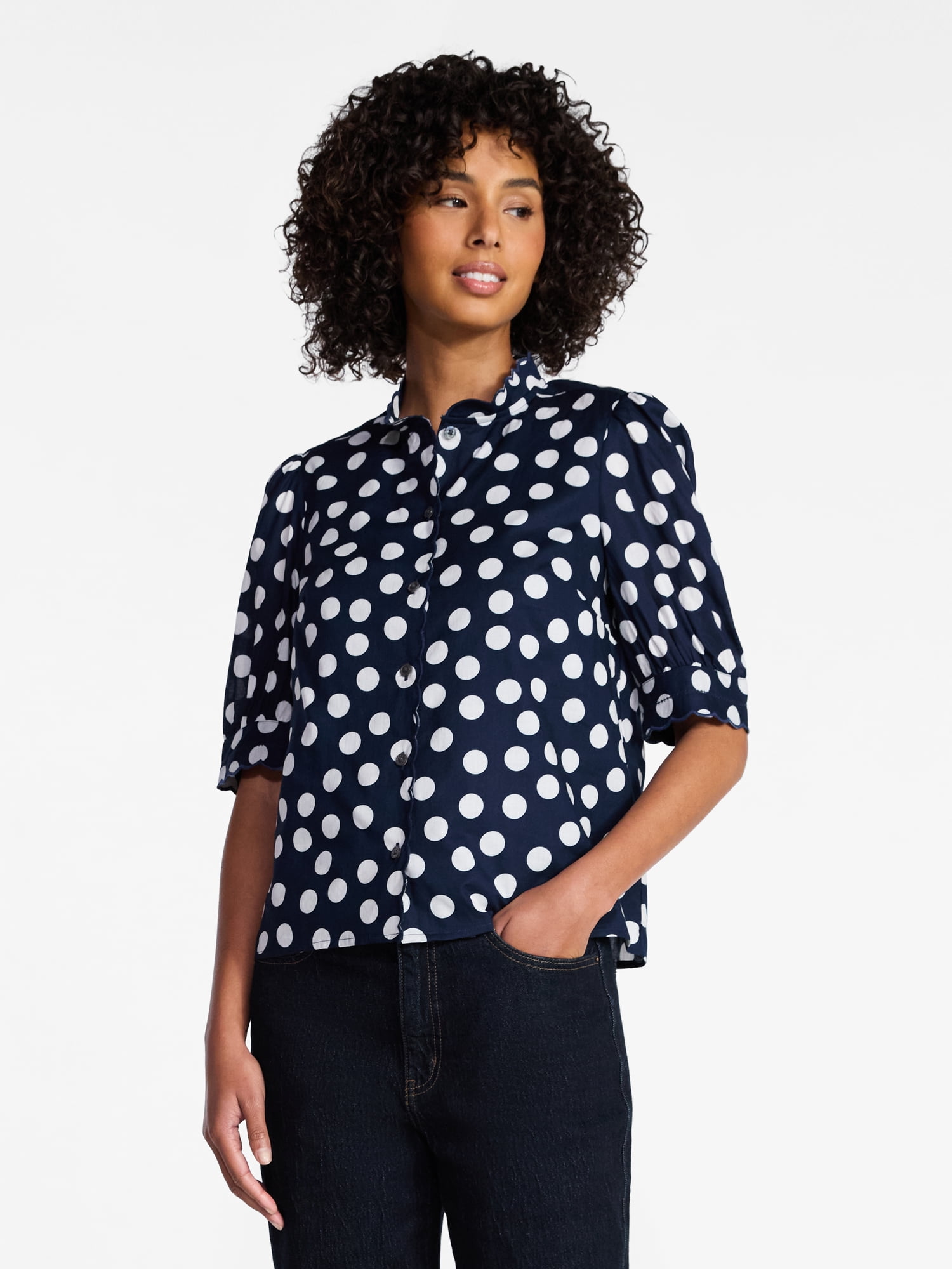 Time and Tru Women's Scallop Trim Cotton Button Down Shirt with