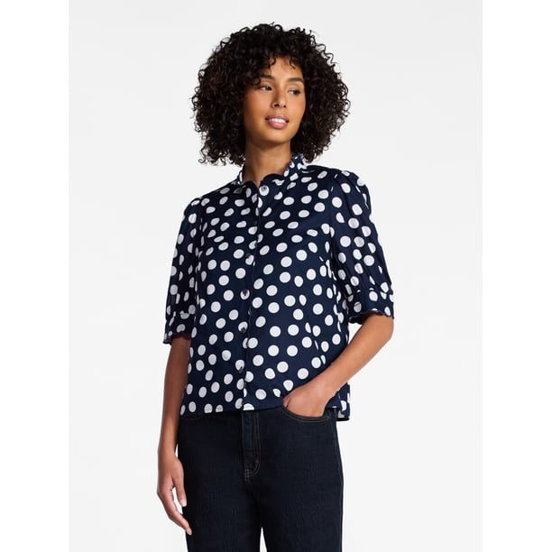 トップス theredthread double button curve tops Time and Tru Women's Scallop Trim Cotton Button Down Shirt with