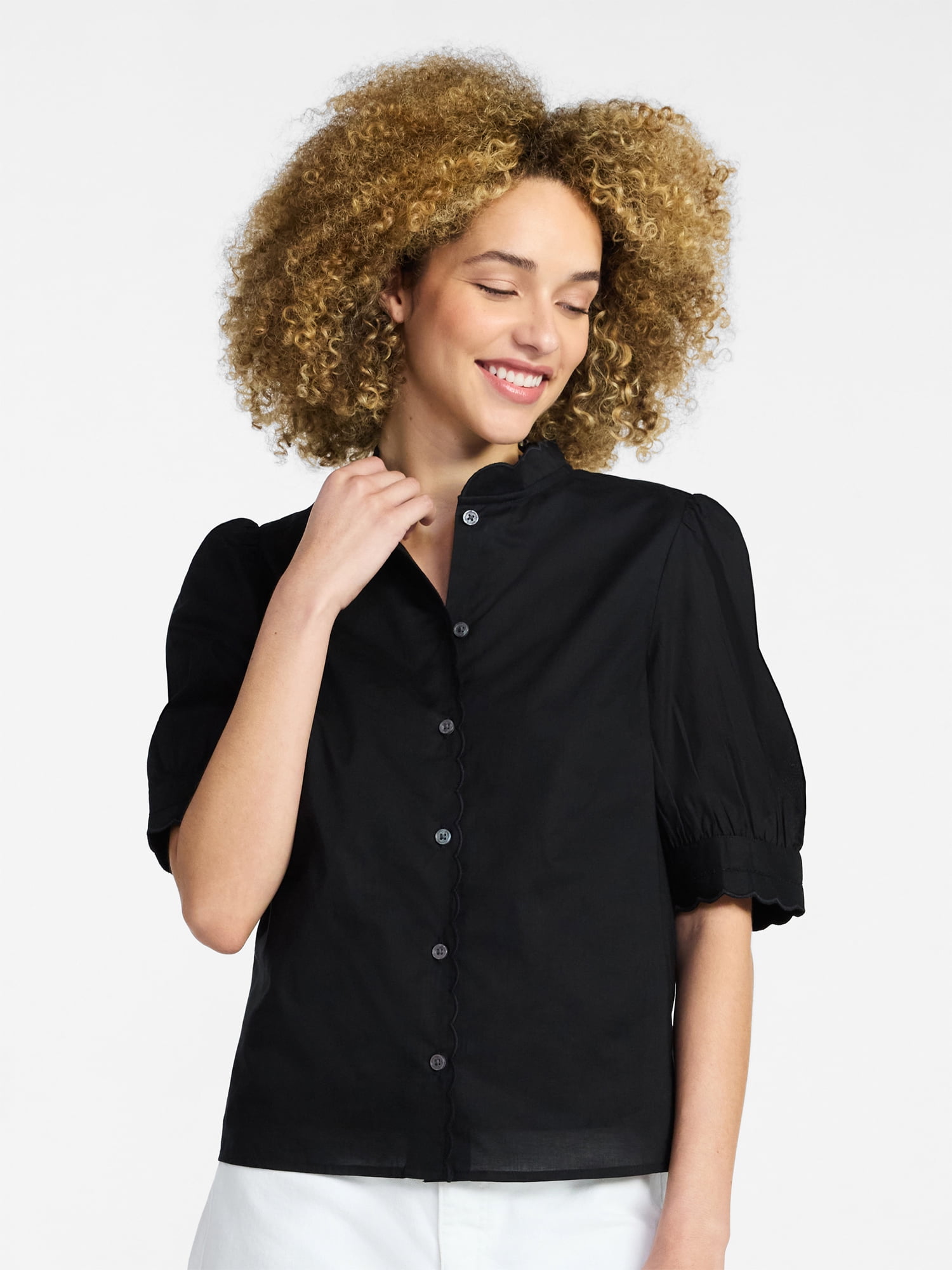 Time and Tru Women's Cotton Scalloped Edge Blouse with Short Sleeves, Sizes XS-XXXL