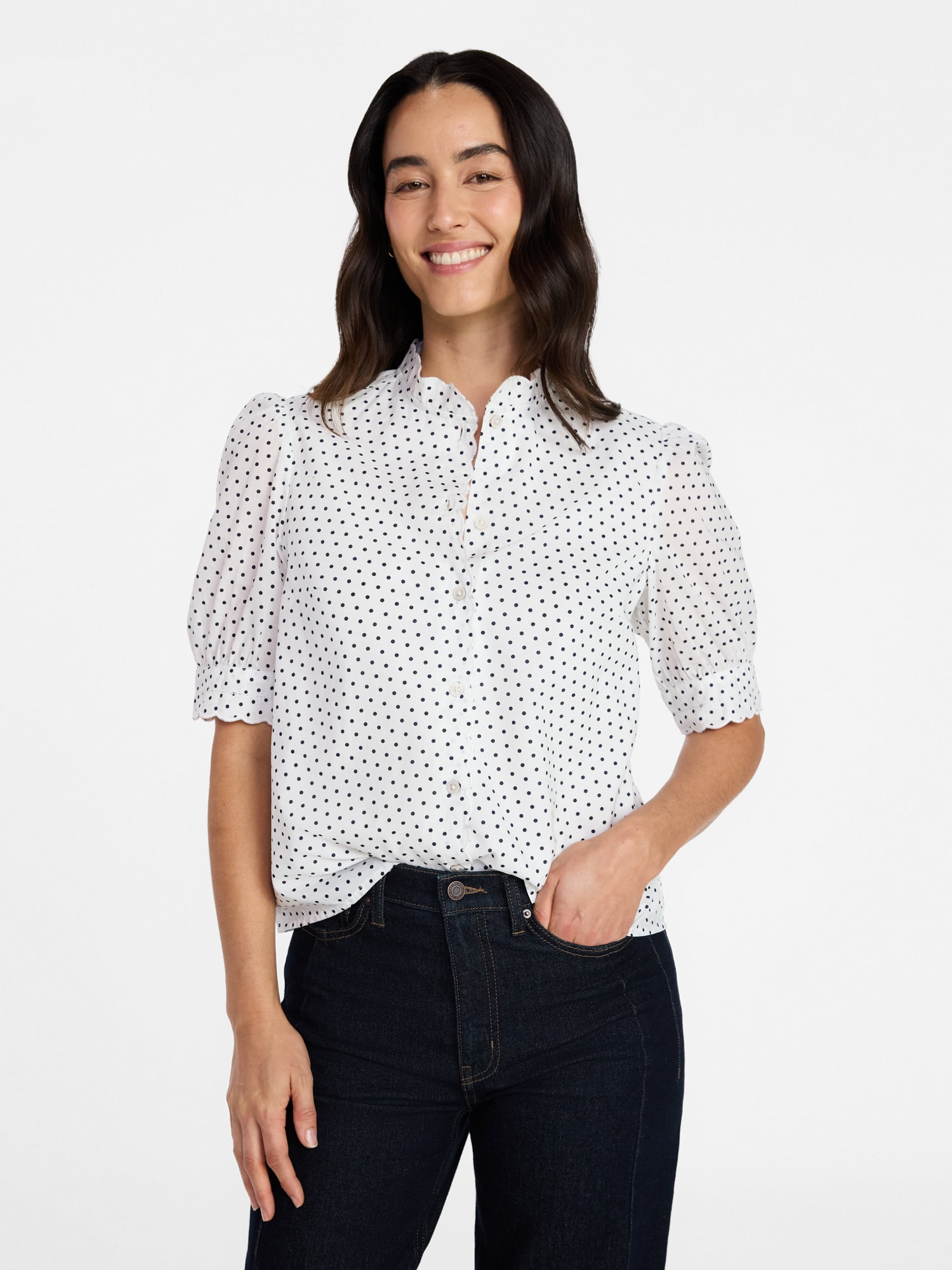 Time and Tru Women's Scallop Trim Cotton Button Down Shirt with Short Sleeves, Sizes XS – XXXL
