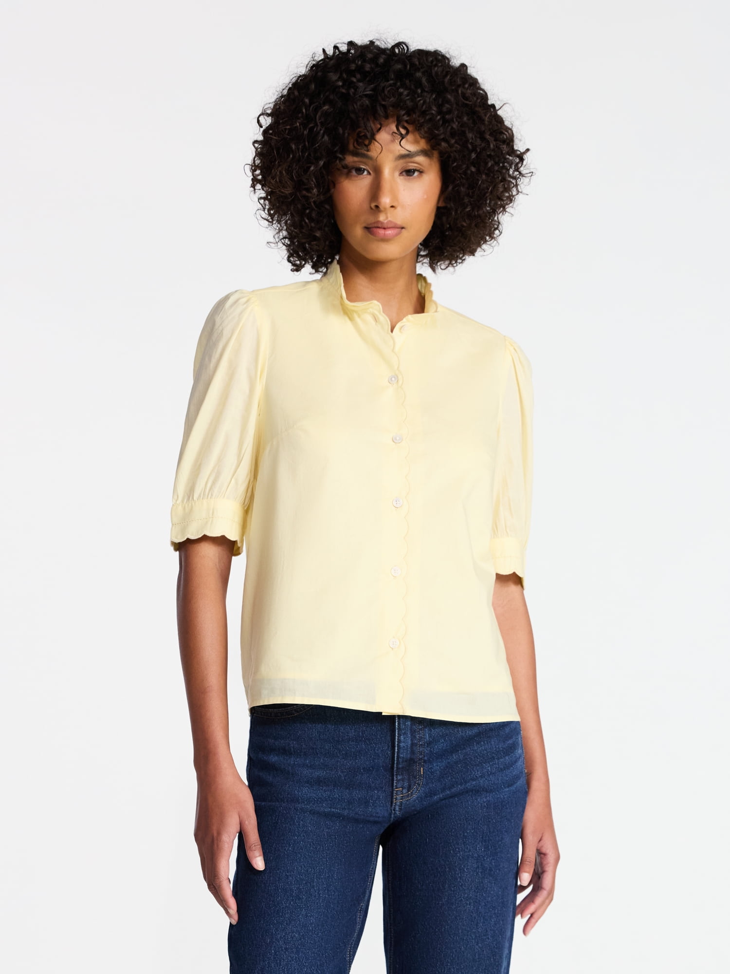 Time and Tru Women's Cotton Scalloped Edge Blouse with Short Sleeves, Sizes XS-XXXL