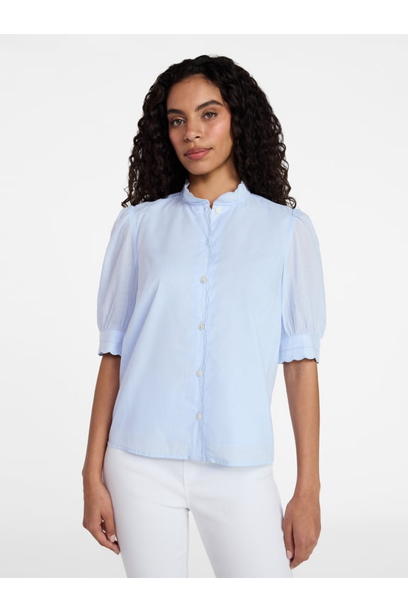 Women's Cotton Scalloped Edge Blouse with Short Sleeves, Sizes XS-XXXL