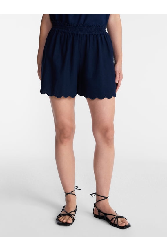 Women's Linen Blend Shorts with Scalloped Hem, Sizes XS-XXXL