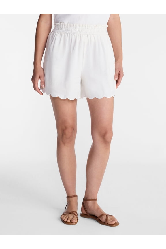 Women's Linen Blend Shorts with Scalloped Hem, Sizes XS-XXXL