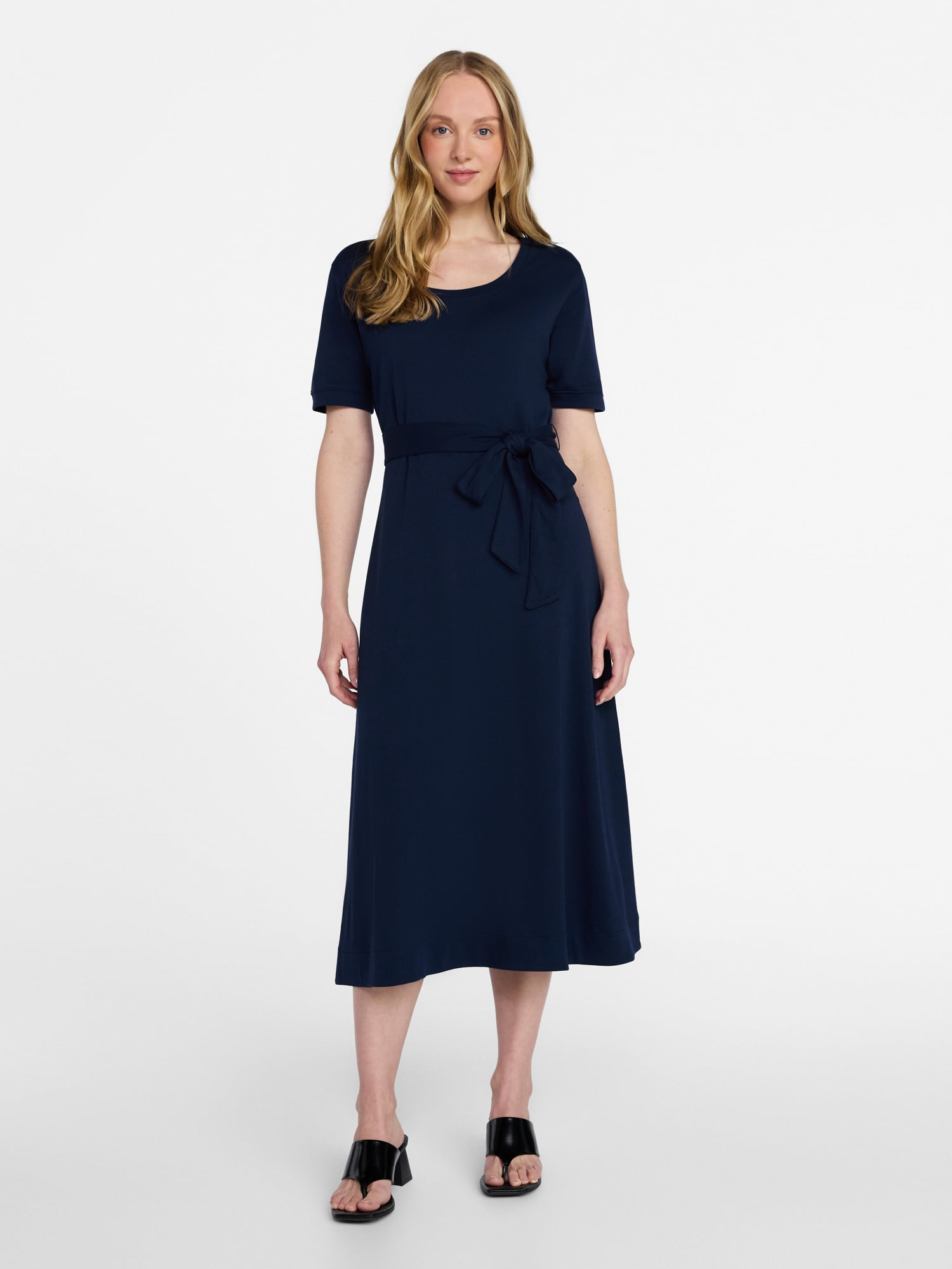 Time and Tru Women's Knit Midi Dress with Tie Belt, Sizes XS-XXXL