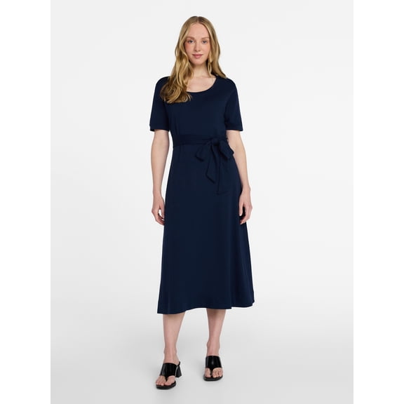 Time and Tru Women's Knit Midi Dress with Tie Belt, Sizes XS-XXXL