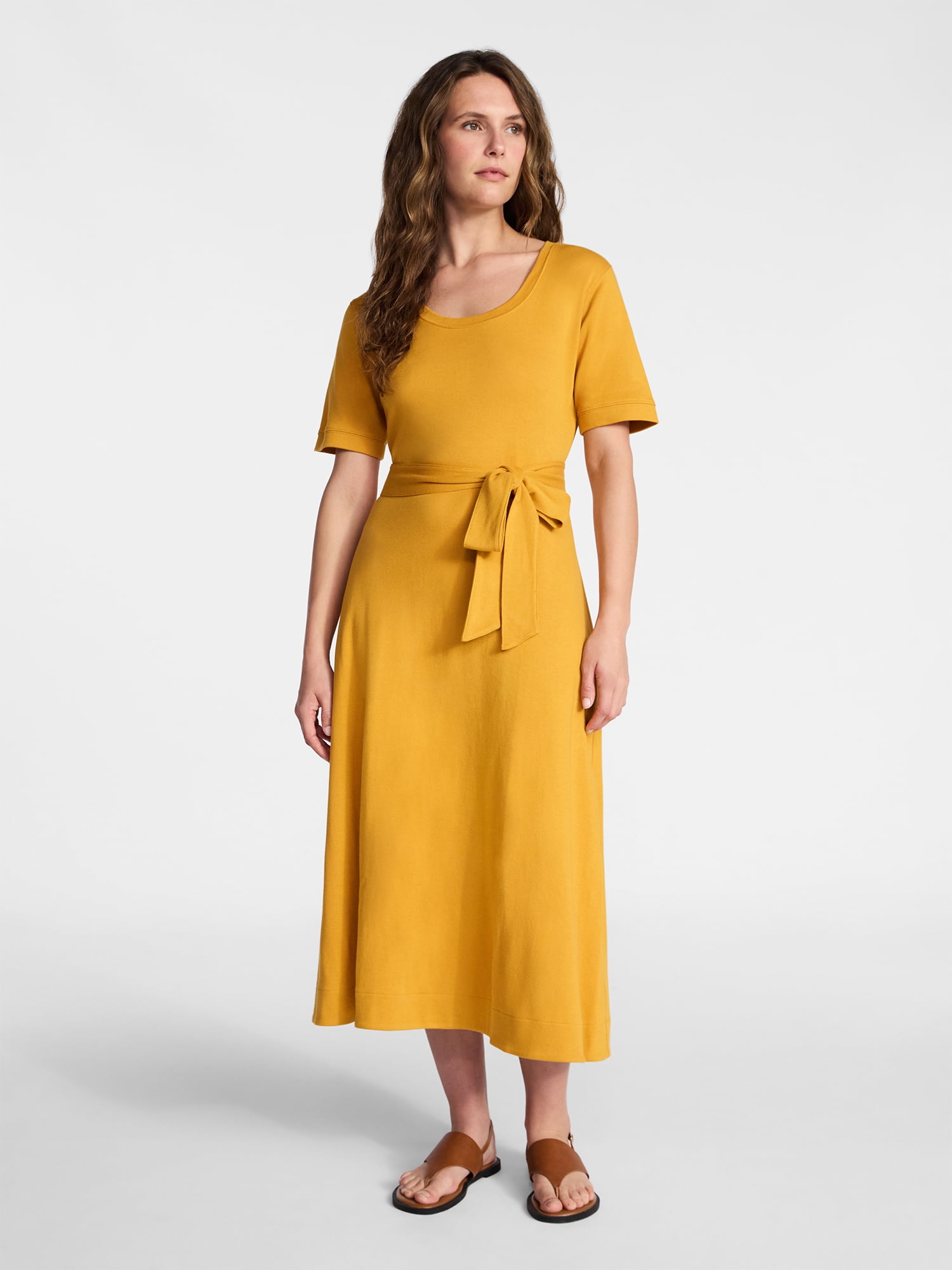 Time and Tru Women's Cotton Tie Front Midi Dress with Short Sleeves, Sizes XS-XXXL