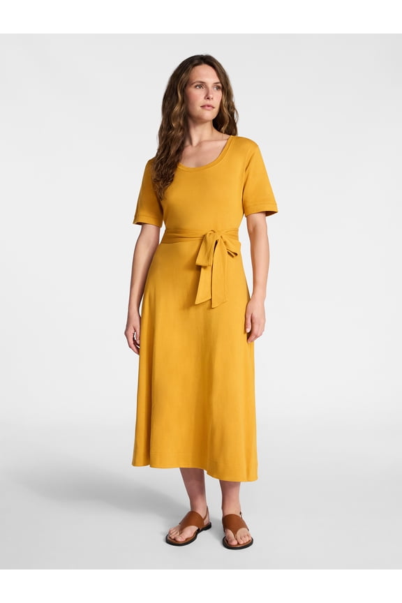 Women's Cotton Tie Front Midi Dress with Short Sleeves, Sizes XS-XXXL