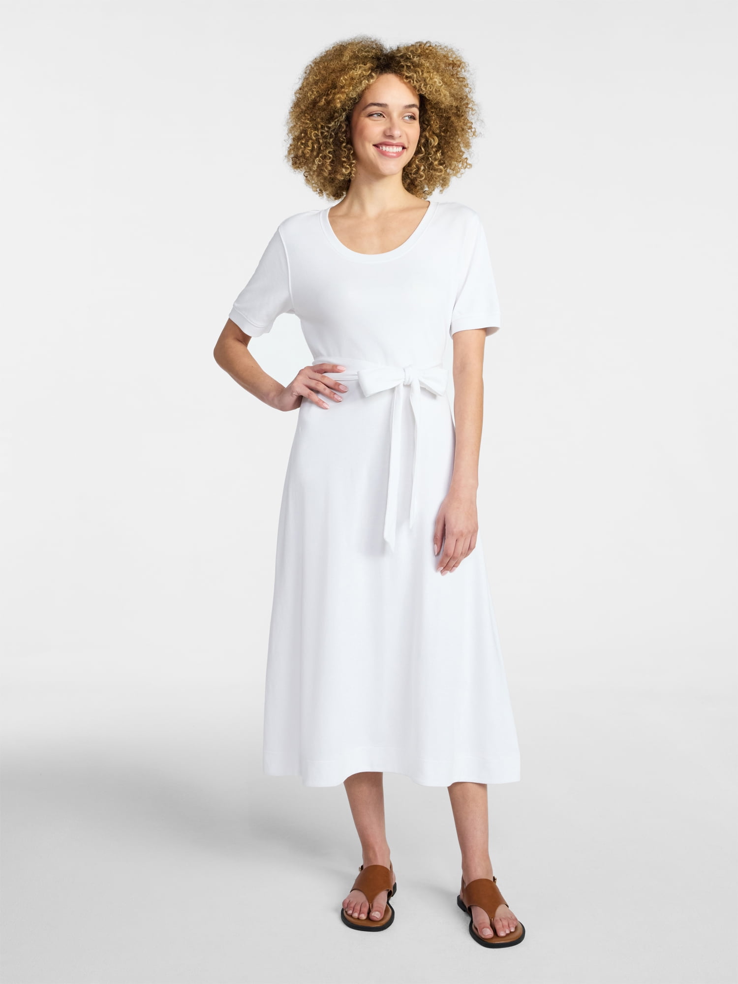 Time and Tru Women's Knit Midi Dress with Tie Belt, Sizes XS-XXXL