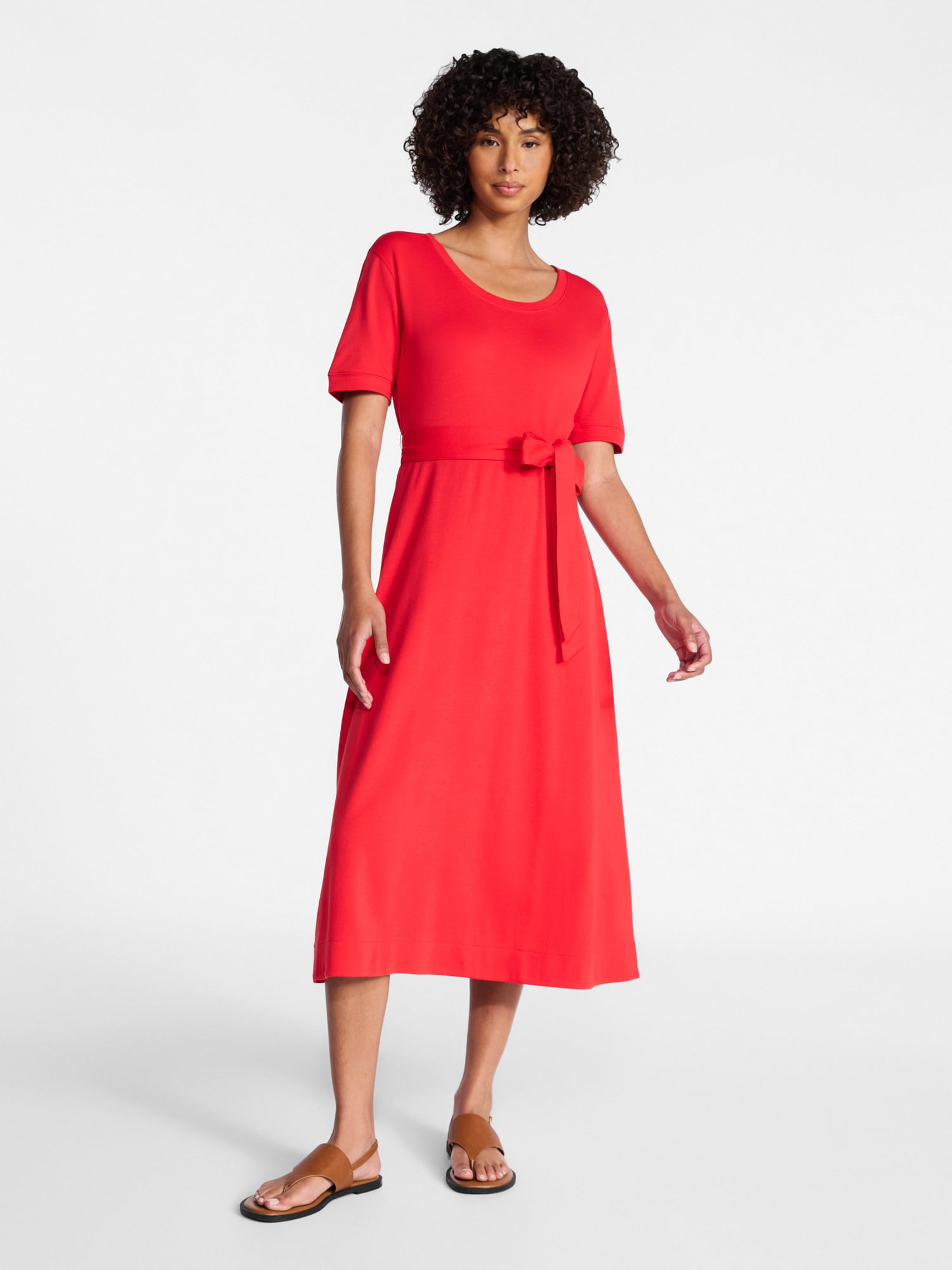 Time and Tru Women's Knit Midi Dress with Tie Belt, Sizes XS-XXXL