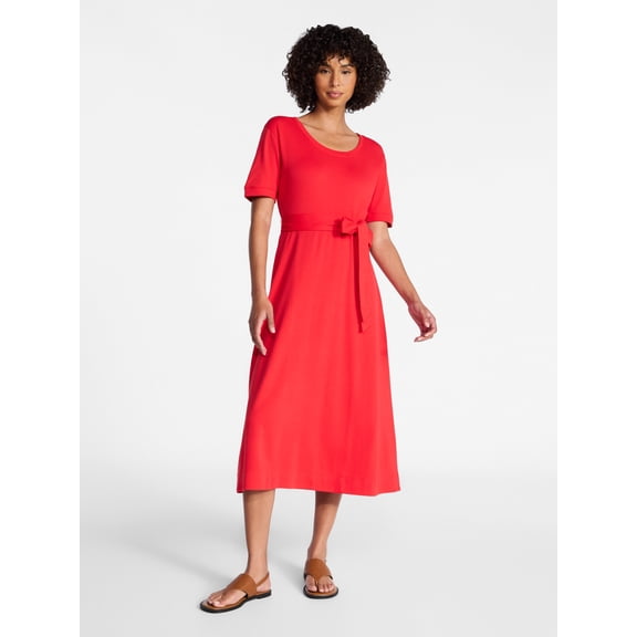 Time and Tru Women's Knit Midi Dress with Tie Belt, Sizes XS-XXXL