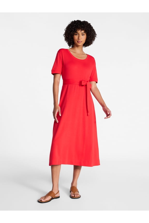 Women's Knit Midi Dress with Tie Belt, Sizes XS-XXXL