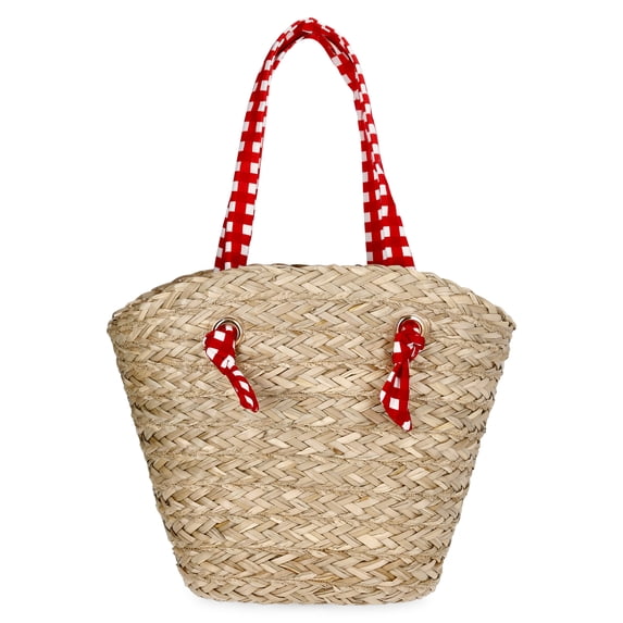 Time and Tru Women's Seagrass Beach Tote, Natural/Red