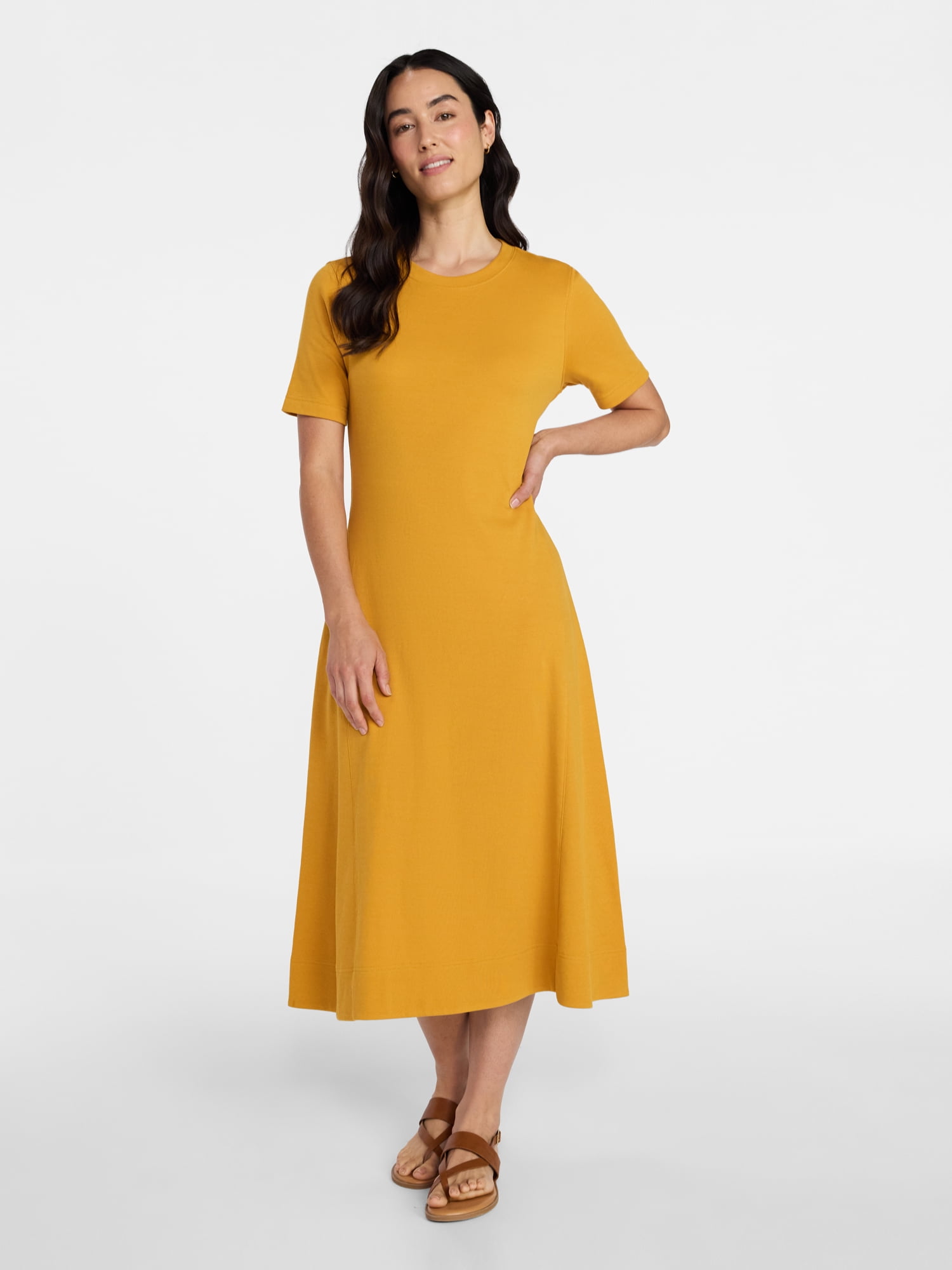 Time and Tru Women's Seamed Cotton Midi Dress, Sizes XS-XXXL