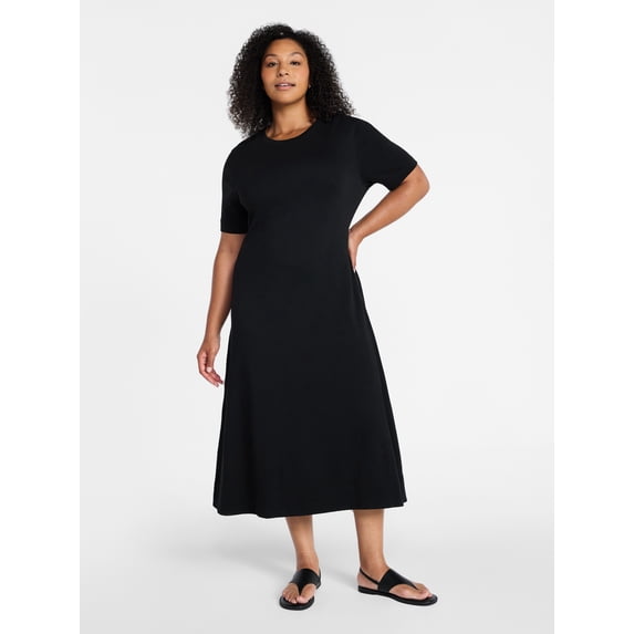 Time and Tru Women's and Women's Plus Seamed Cotton Midi Dress, Sizes XS-4X