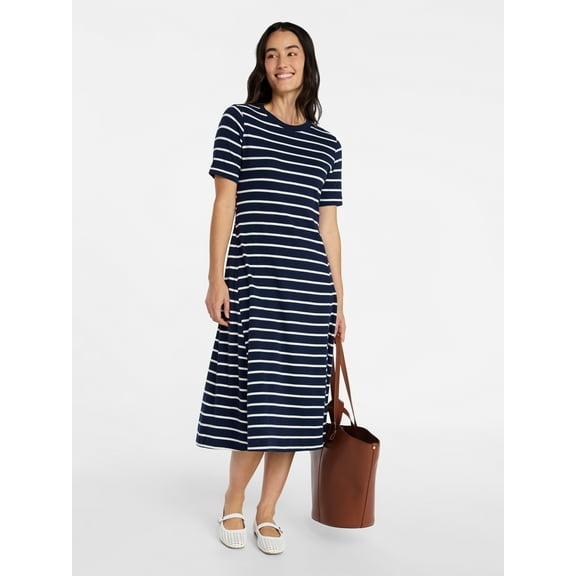 Time and Tru Women's Seamed Cotton Midi Dress, Sizes XS-XXXL
