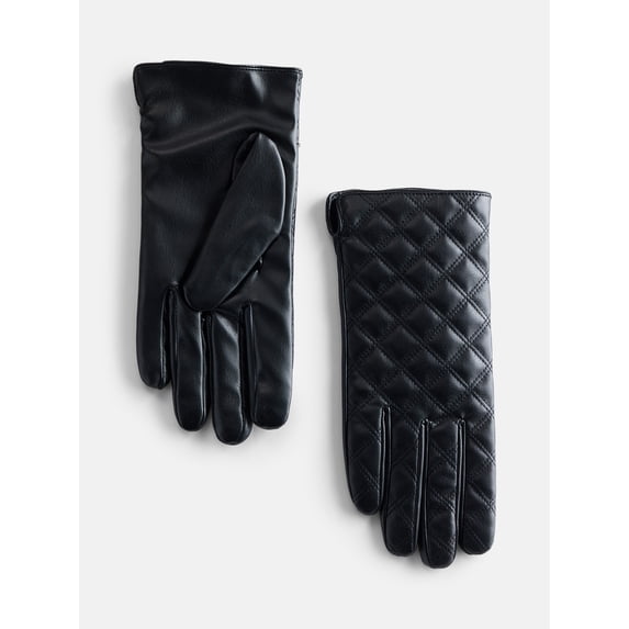 Time and Tru Women's Shiny Quilted Gloves, Black, Sizes S/M-L/XL