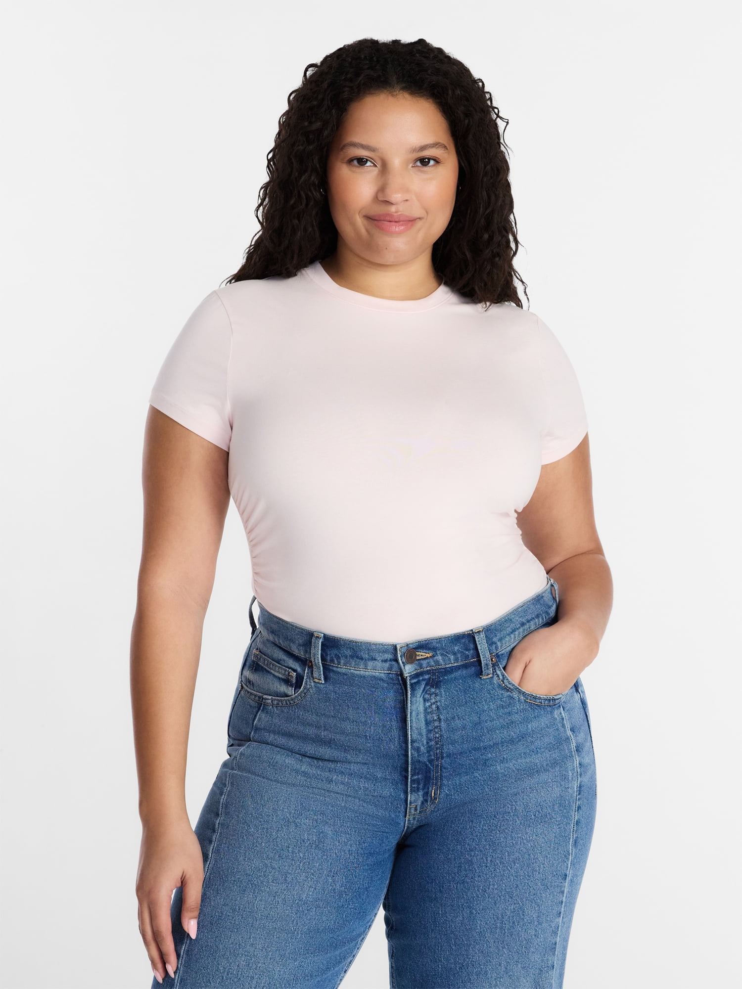 Time and Tru Women’s Ruched Tee with Short Sleeves, Sizes XS-XXXL