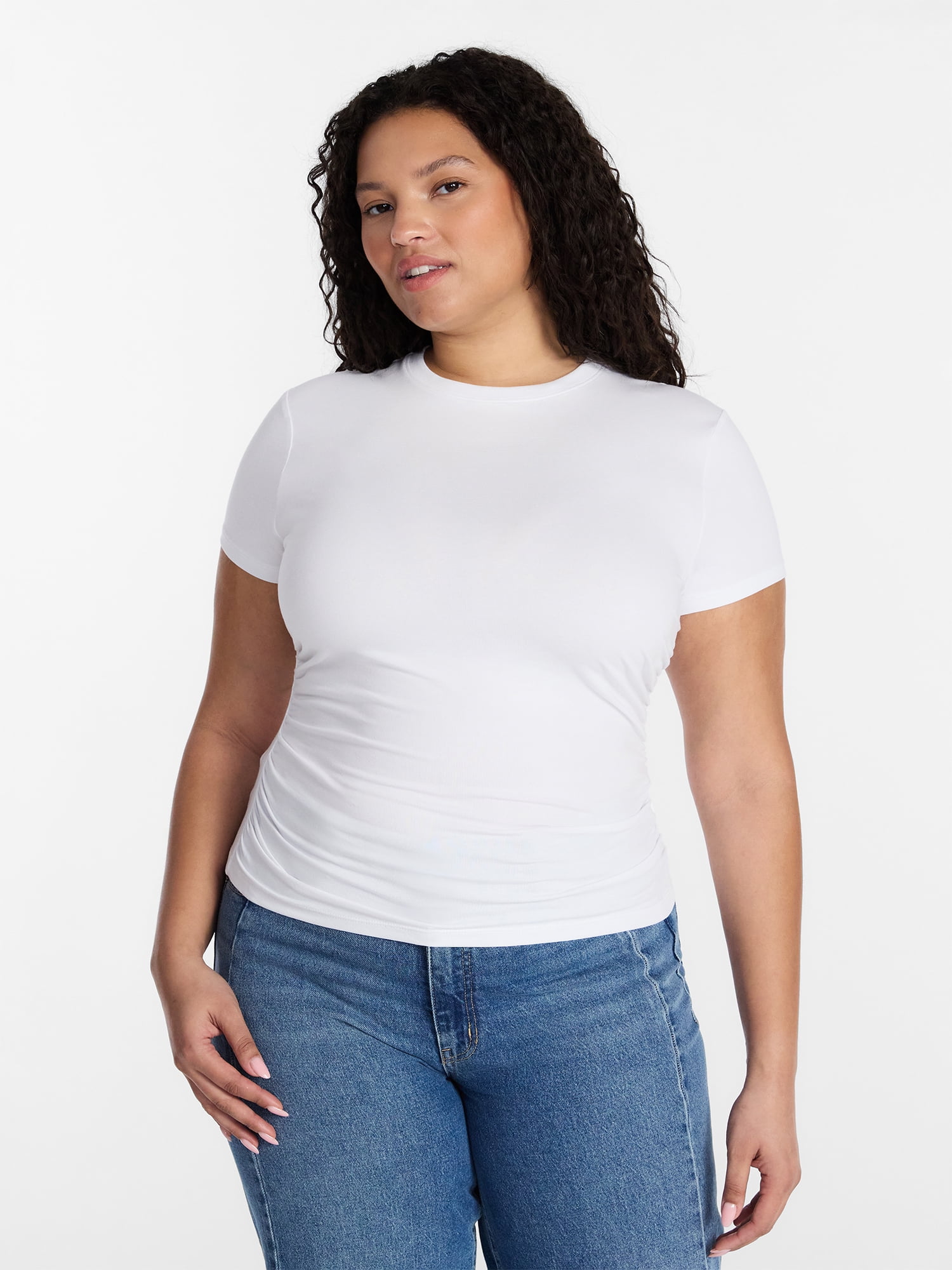 Time and Tru Women’s Ruched Tee with Short Sleeves, Sizes XS-XXXL
