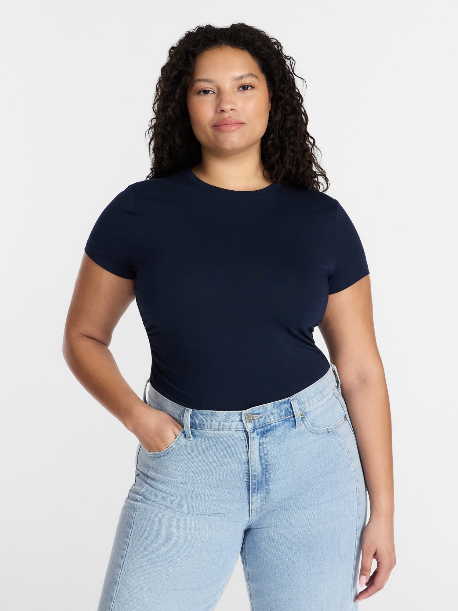 Time and Tru Women’s Ruched Tee with Short Sleeves, Sizes XS-XXXL