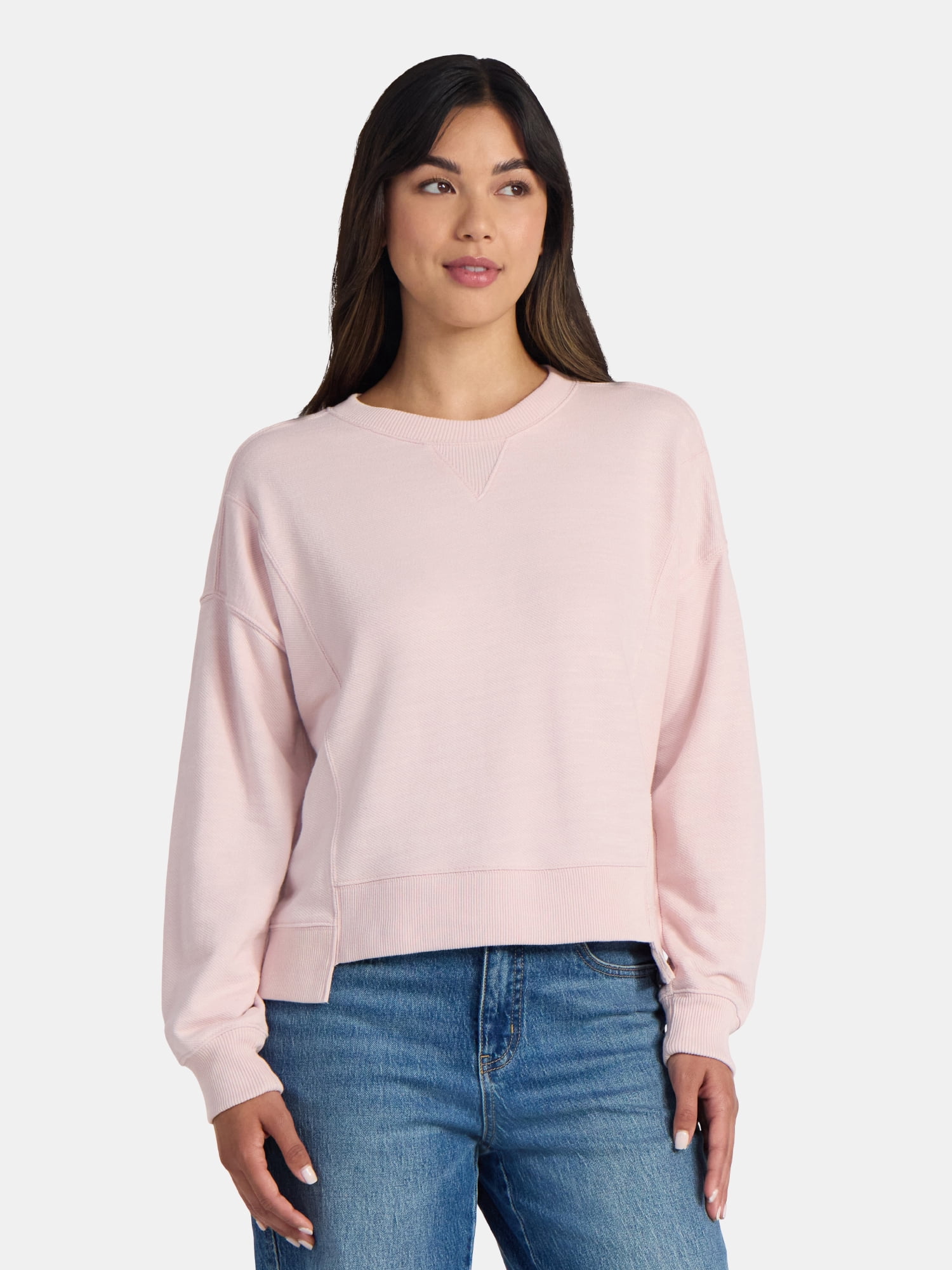 Time and Tru Women’s Ribbed Panel Sweatshirt with Long Sleeves, Sizes XS-XXXL