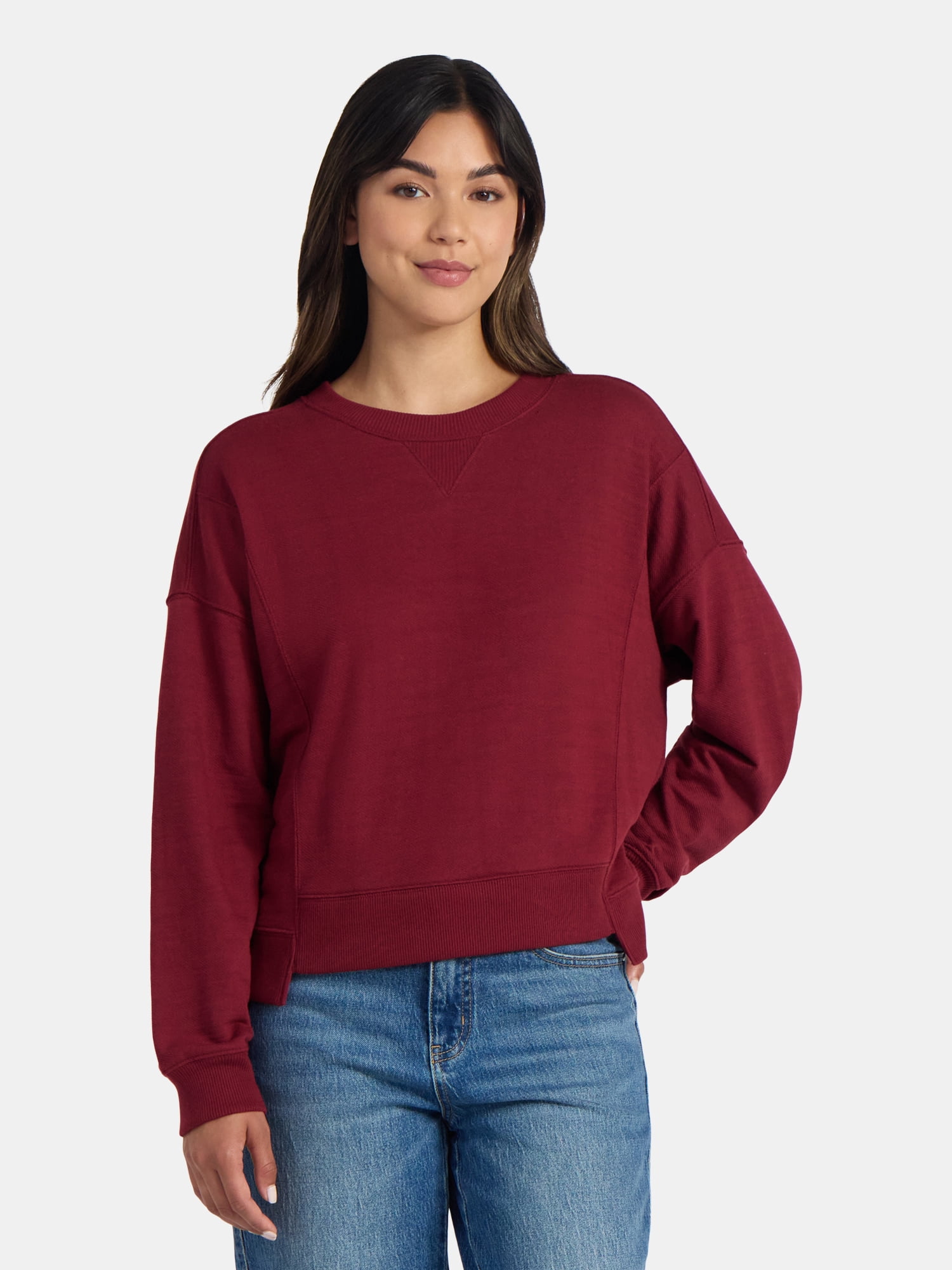 Time and Tru Women’s Ribbed Panel Sweatshirt with Long Sleeves, Sizes XS-XXXL