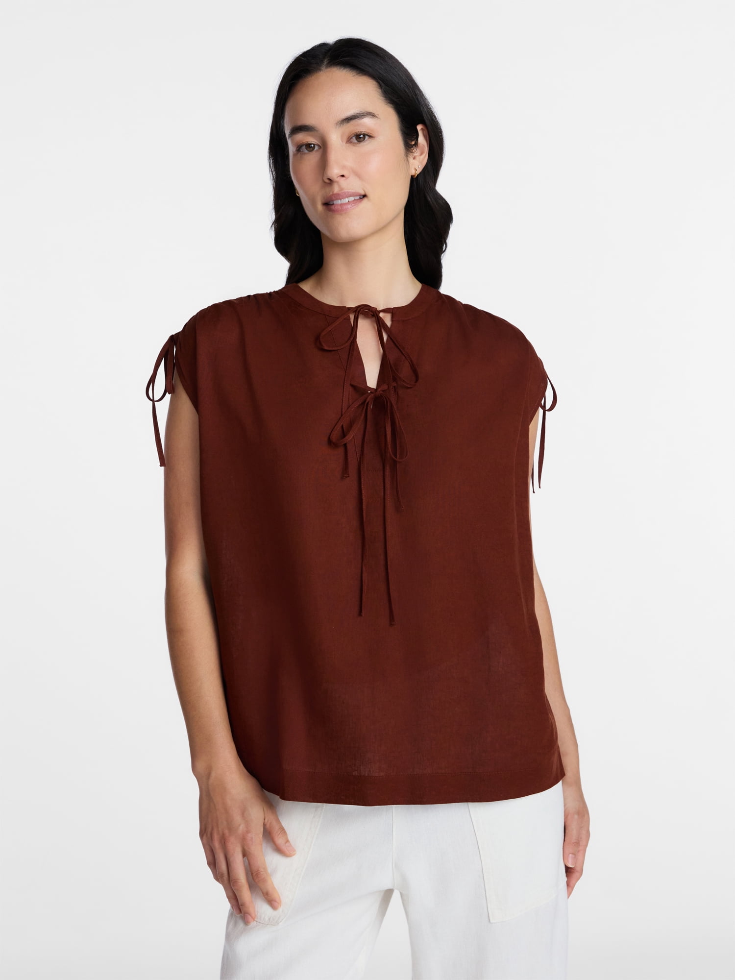 Time and Tru Women’s Linen-Blend Tunic Top with Ruched Sleeves, Sizes XS-XXXL