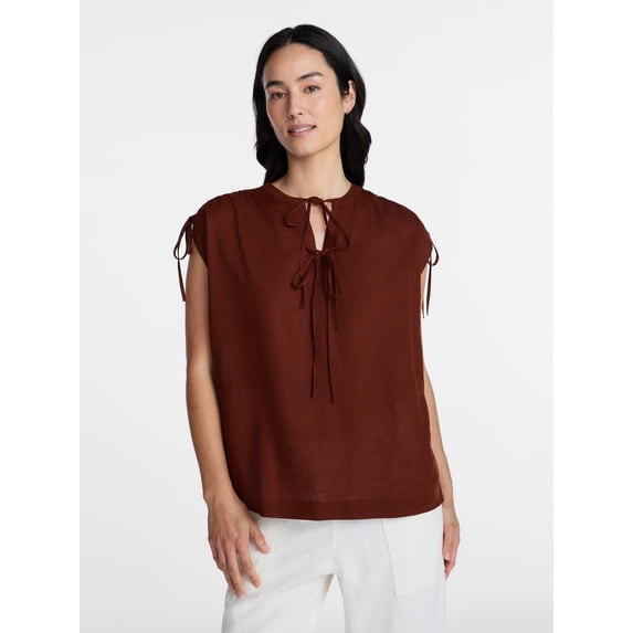 Time and Tru Women’s Linen-Blend Tunic Top with Ruched Sleeves, Sizes XS-XXXL
