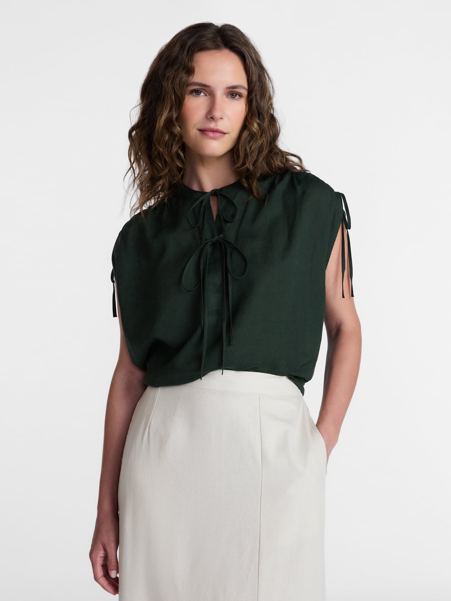 Time and Tru Women’s Linen-Blend Tunic Top with Ruched Sleeves, Sizes XS-XXXL
