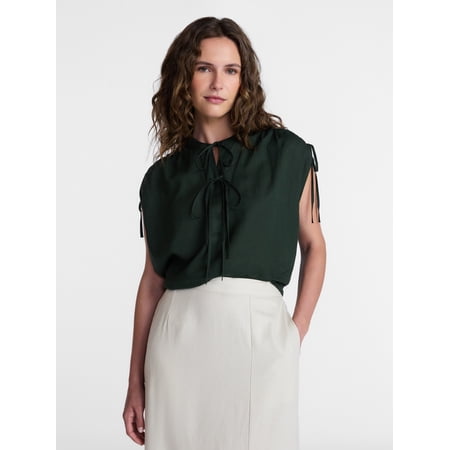 Time and Tru Women’s Linen-Blend Tunic Top with Ruched Sleeves, Sizes XS-XXXL