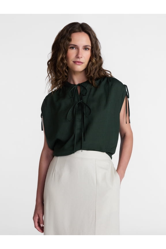 Women’s Linen-Blend Tunic Top with Ruched Sleeves, Sizes XS-XXXL