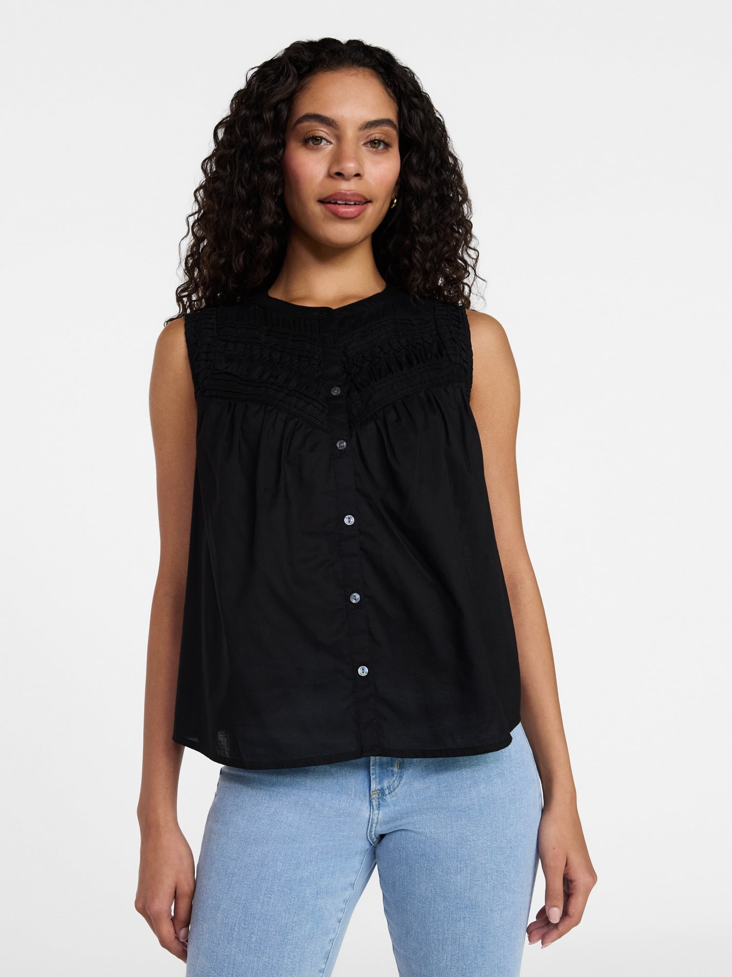 Time and Tru Women's Cotton Sleeveless Pleated Top, Sizes XS-XXXL
