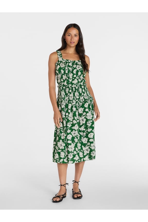 Women's and Women's Plus Sleeveless Smocked Peasant Midi Dress, Sizes XS-4X