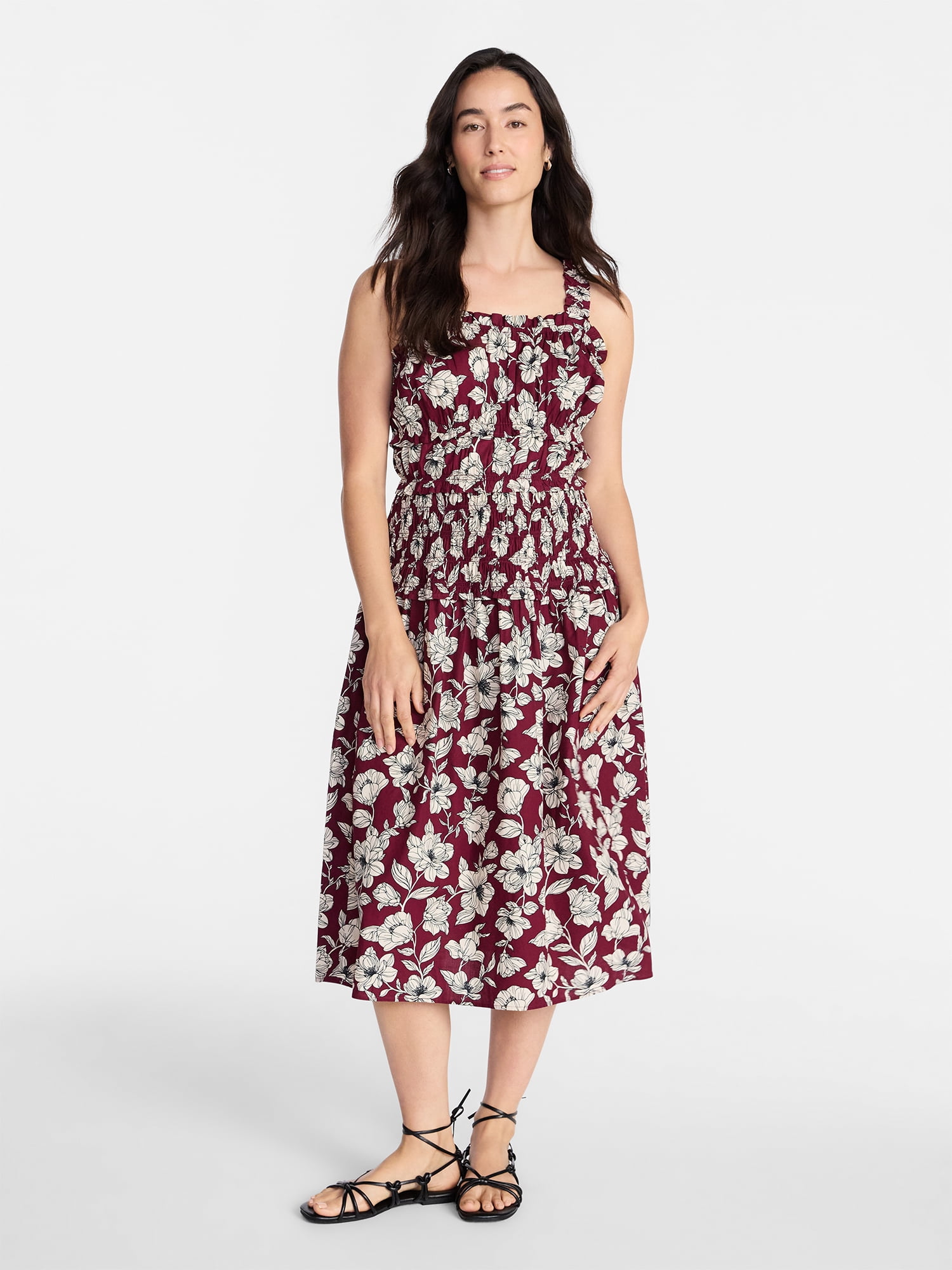 Time and Tru Women's and Women's Plus Sleeveless Smocked Peasant Midi Dress, Sizes XS-4X