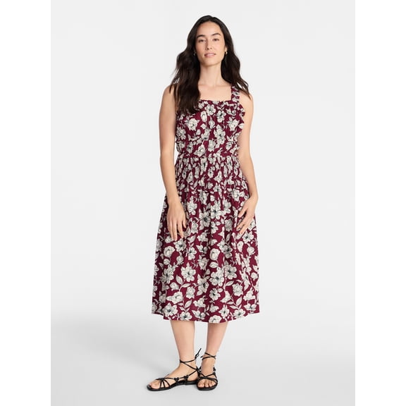 Time and Tru Women's Sleeveless Smocked Peasant Midi Dress, Sizes XS-4X